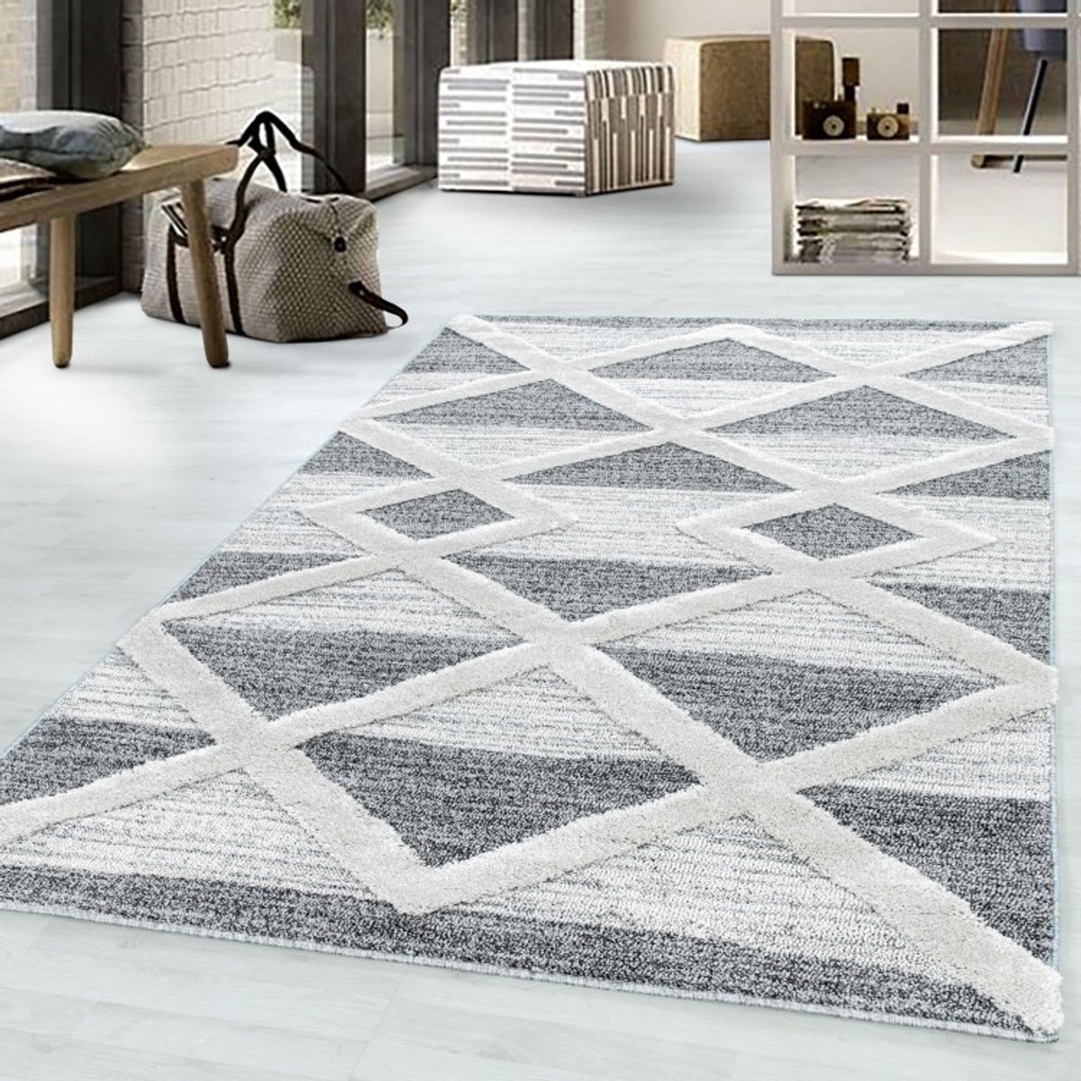 TapisTrend Harig tapijt Grijs 200x290 cm geometrisch vloerkleed met grote, reliëfachtige ruiten, 20 mm poolhoogte, moderne stijl voor woonkamer en slaapkamer
