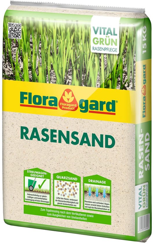 Floragard zak gazonzand 15 kg met de tekst "RASENSAND" en "VITAL GRÜN RASENPFLEGE"