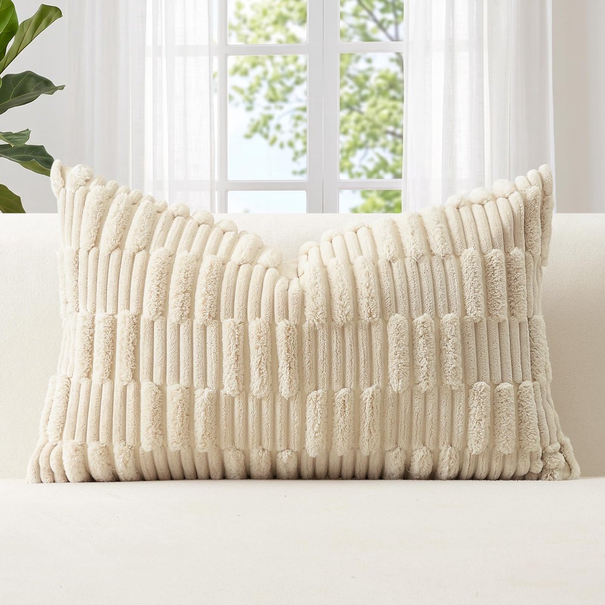 Famanu Set van 1 zachte kussensloop 40 x 60 cm dambord geruite textuur boho gestreepte lumbale kussensloop elegante dubbelzijdige kussensloop voor bank bank slaapkamer auto decoratie wit
