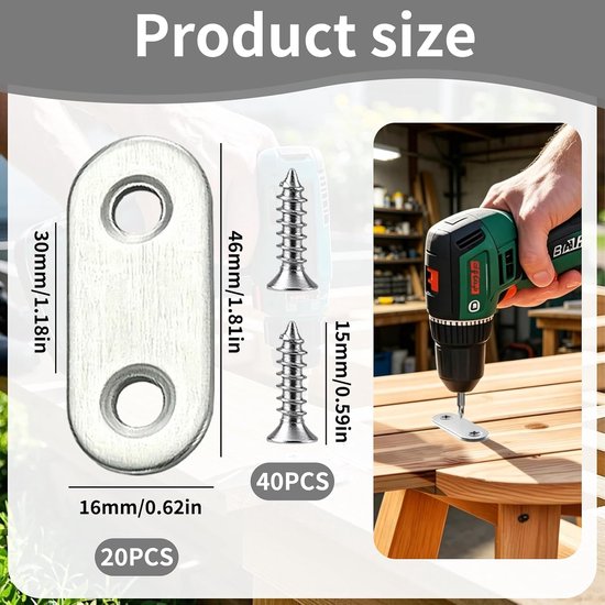 20 stuks roestvrijstalen flakke verbindingen (16×46 mm) in zilver – sterk, corrosiebestendig & universeel toepasbaar voor meubelreparatie, versterking en DIY-houtprojecten — afbeelding 2
