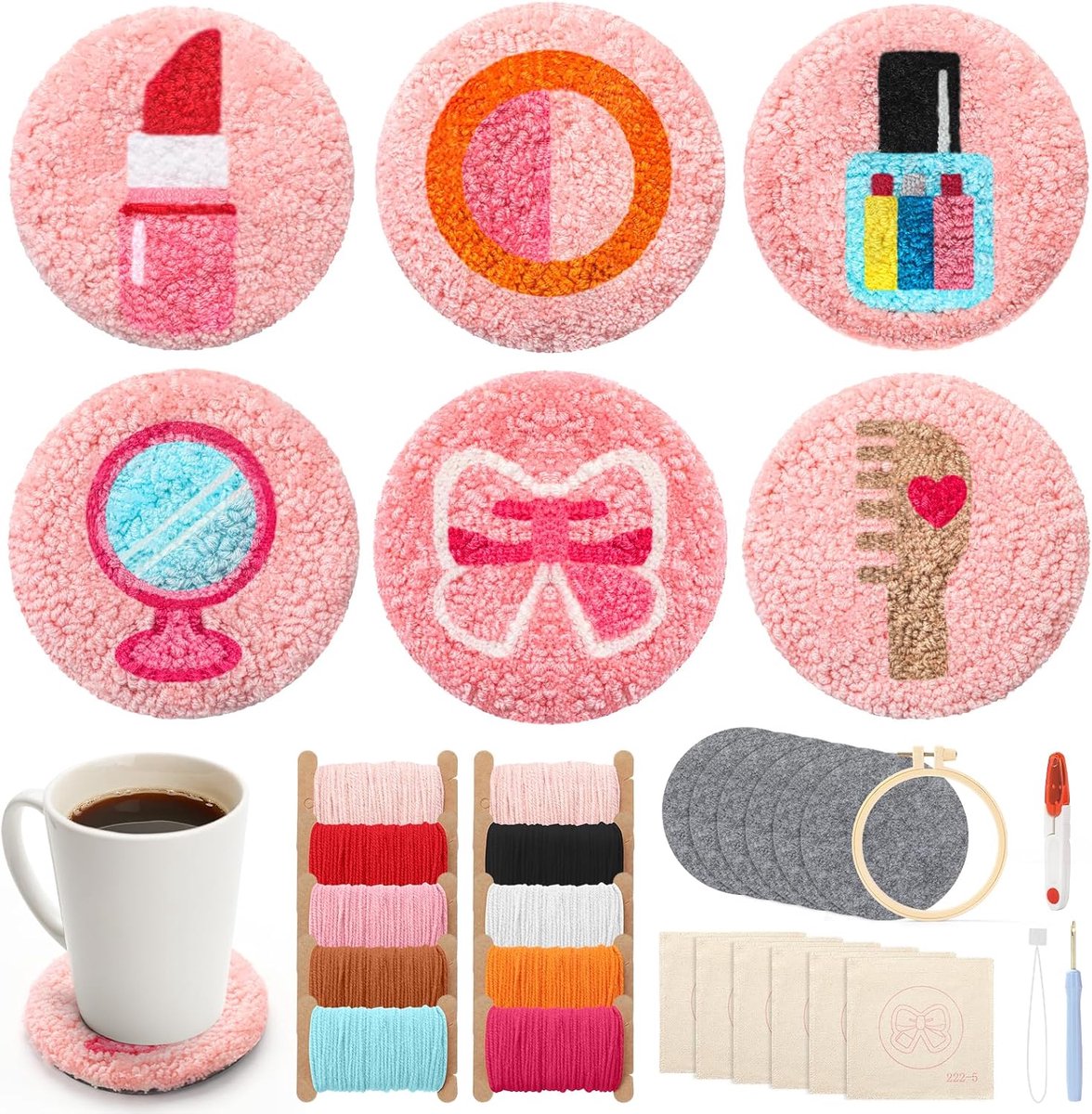 Punch Needle Coasters Kit for Beginners, 6PCS DIY Embroidery Set with Patterns, Yarn, Tools & Hoop, Needle Felting Kit, Craft Supplies, Creative Gift（Cosmetic Pattern）