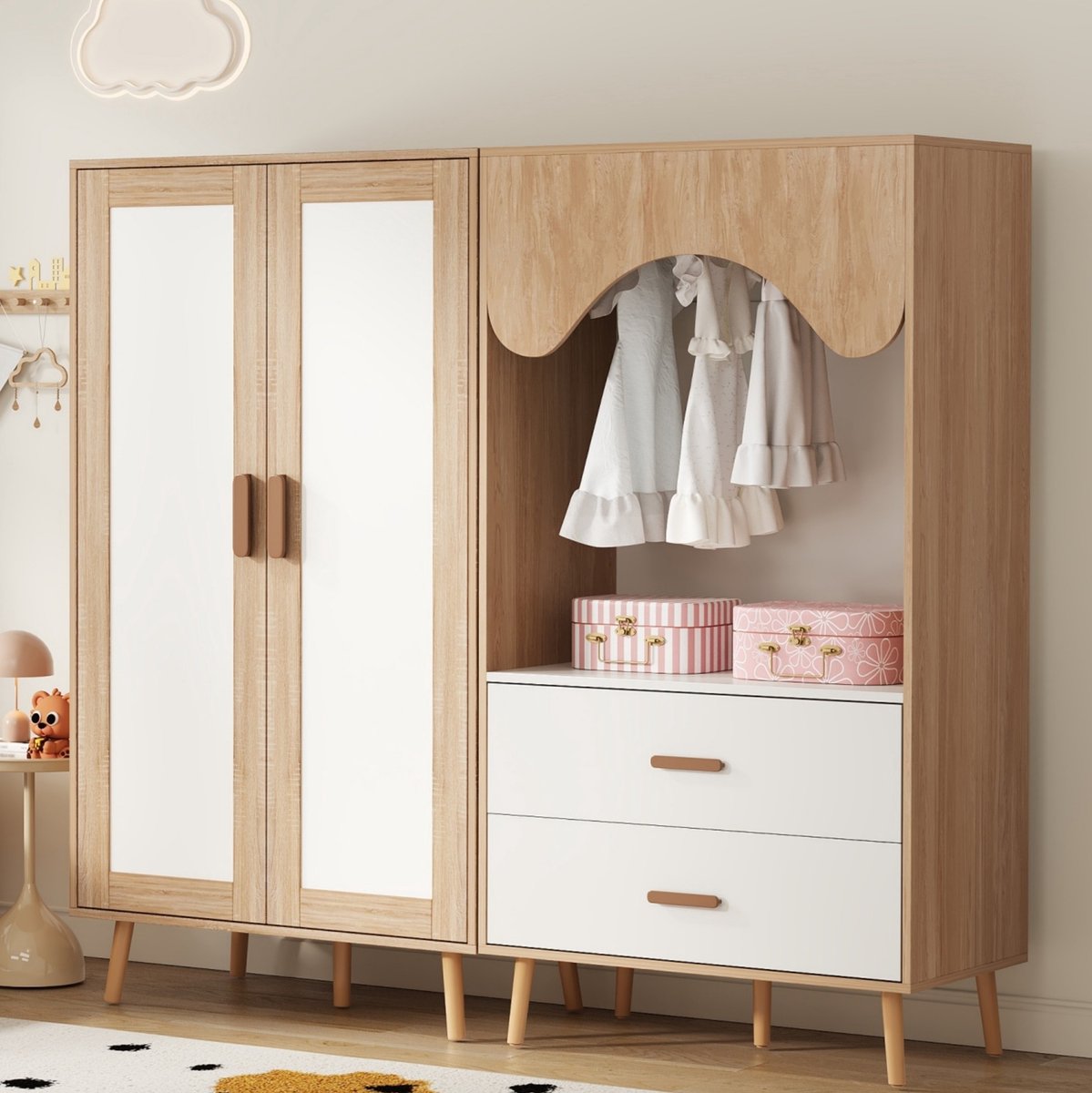 FloraGrace Kinderkledingkast Set - Twee Deuren En Open Hangdeel - Voor Kinderkamer - MDF - 160 x 46 x 141,5 cm - Naturel Wit Natuurlijk en wit