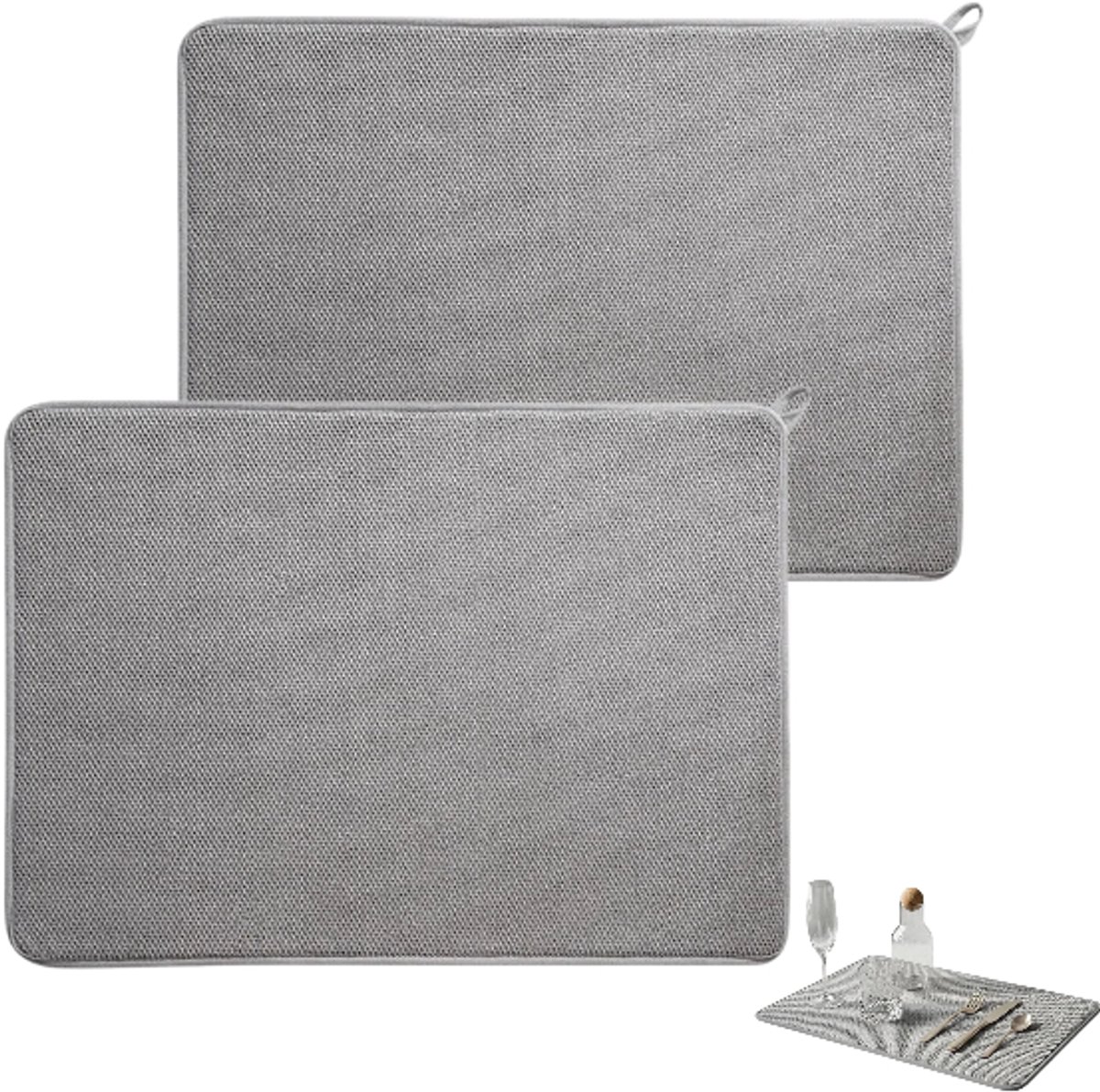 Set van 2 – Hittebestendige mat – Afdruipmat – Placemat – Mat voor afwas – Mat voor bij de gootsteen – Absorberende en sneldrogende mat – Aanrechtmat – Grijs – 30x40 cm – Geschikt voor keukenbladen en wastafels