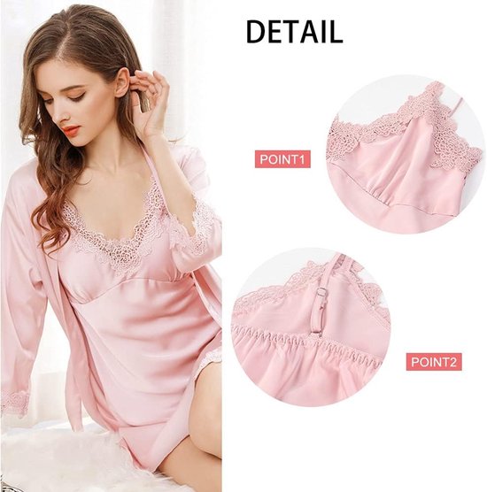 5-delige set pyjama's nachthemd voor dames, satijn, ochtendjas, kant, badjas, shorts, rok, roze, S — afbeelding 3