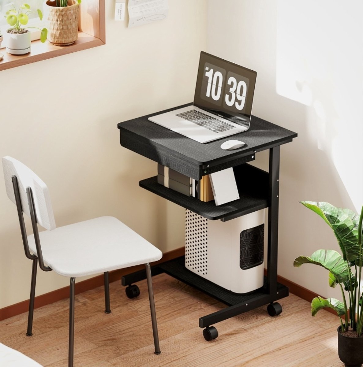 FloraGrace Computertafel - Compact Bureau Met Lade En Planken - Voor Kleine Werkruimtes - Spaanplaat En Metaal - 56x51x79 Cm - Zwart
