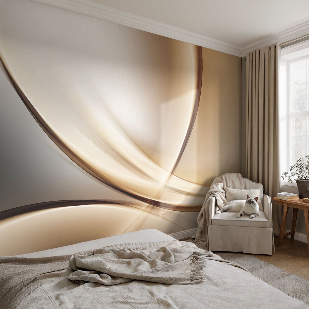Coloray Vliesbehang - Beige Snellijm Behang - 152x104 cm - Afgeronde Lijnen Fotobehang Vlies - Woonkamer behang Abstractie - Muurschildering - Woonkamer behang