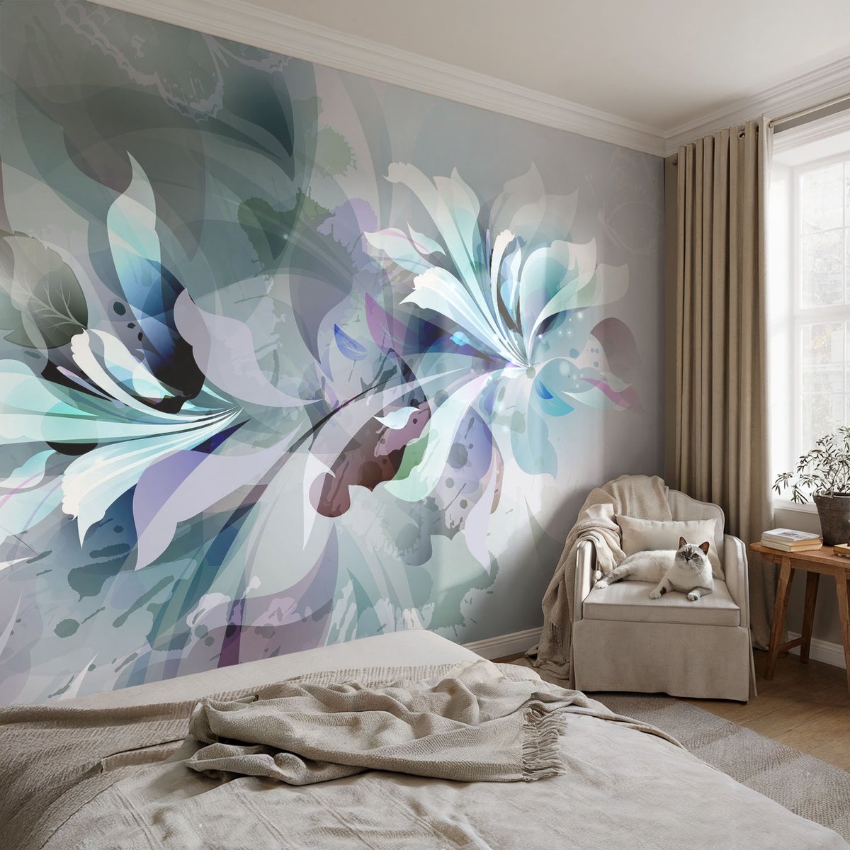 Coloray Vliesbehang - Wit Snellijm Behang - 152x104 cm - Bloemabstractie Fotobehang Vlies - Woonkamer behang Bloemen En Planten - Muurschildering - Woonkamer behang