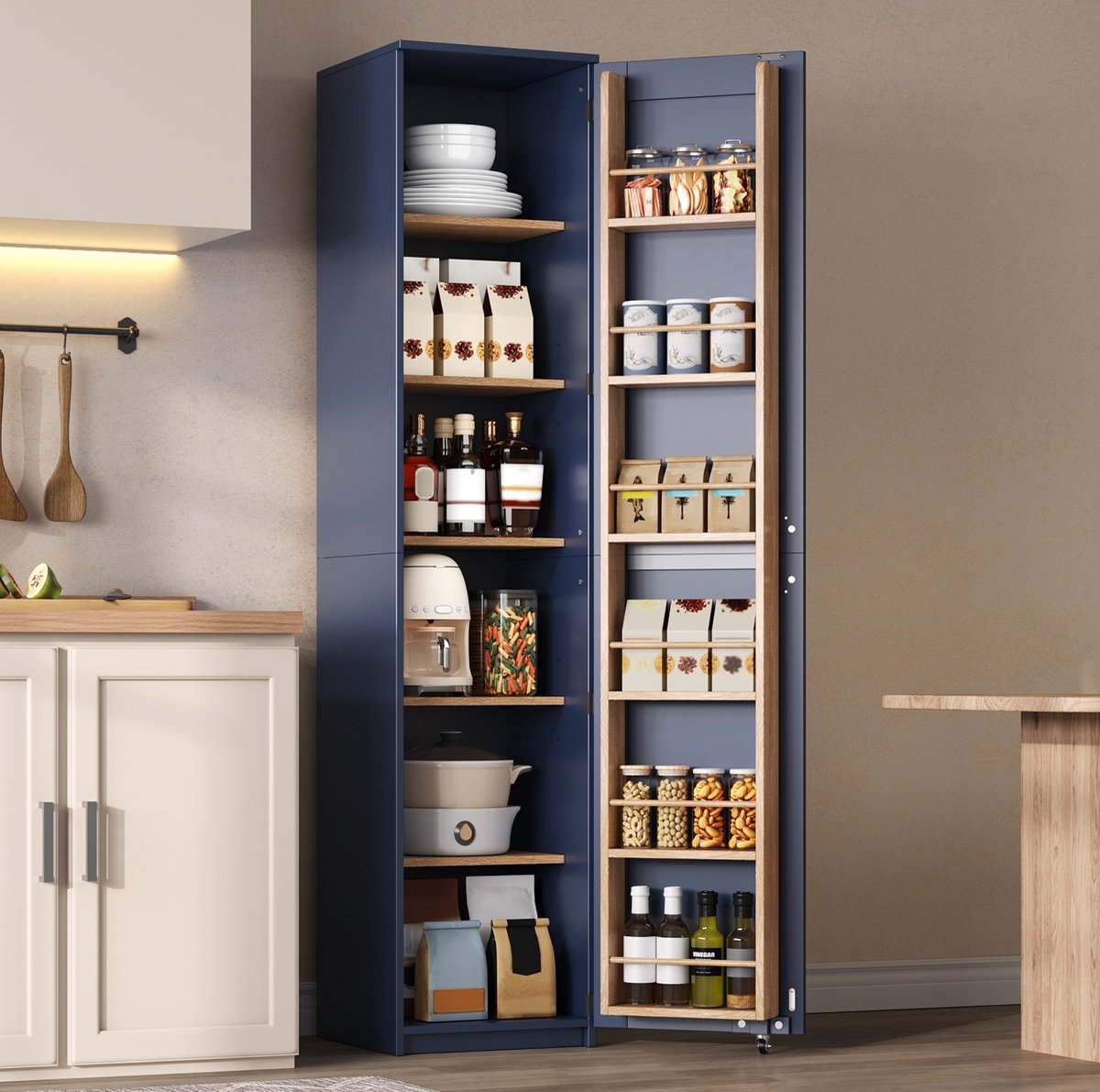 FloraGrace Keukenkast - Hoge Opbergkast Met Verstelbare Planken En Deurvakken - Voor Keuken En Badkamer - MDF - 40 X 40 X 183 Cm - Blauw