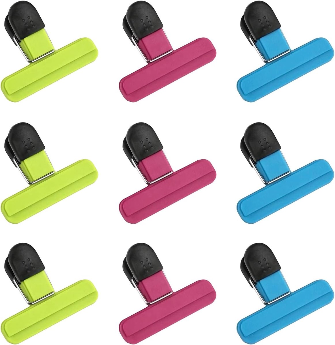 Voedselzakclips, 9 stuks plastic opbergclips, afdichtingsclips voor keuken, thuiskantoor en snack koffie, aardappelvoedselzakken, 3 kleuren (rozerood, groen, blauw)