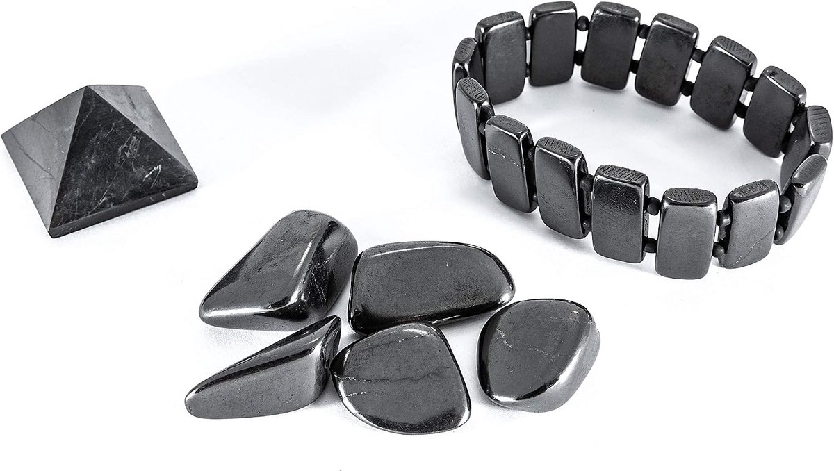 NATURSTEIN UG - Shungite Set gepolijste piramide 3 cm, trommelstenen 2-4 cm x 5, armband Dark Moon | Edelsteen uit Karelië, Shungiet