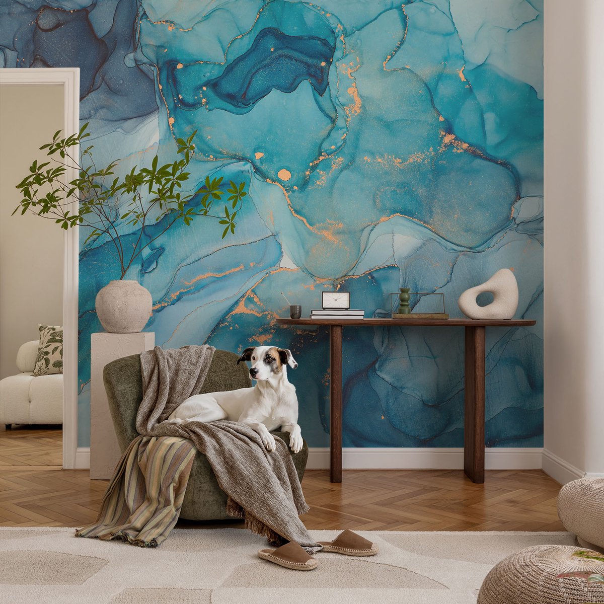 Coloray Vliesbehang - Blauw Snellijm Behang - 104x70 cm - Blauwe Abstractie Fotobehang Vlies - Hal behang Abstractie - Muurschildering - Hal behang