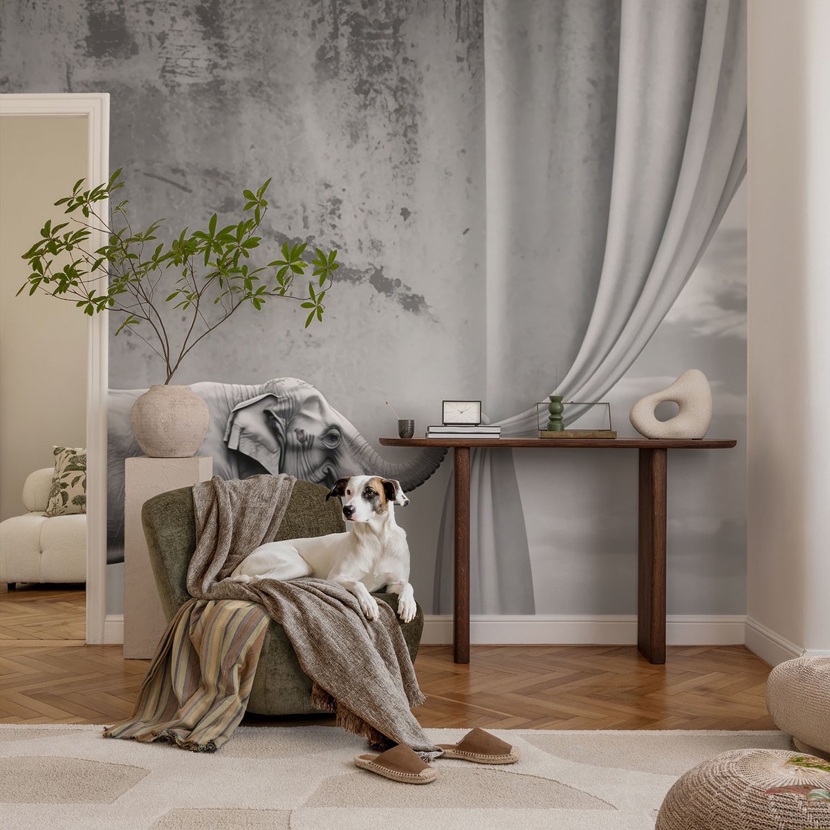 Coloray Vliesbehang - Grijs Snellijm Behang - 104x70 cm - Surrealistische Olifant Fotobehang Vlies - Woonkamer behang Deel - Muurschildering - Woonkamer behang