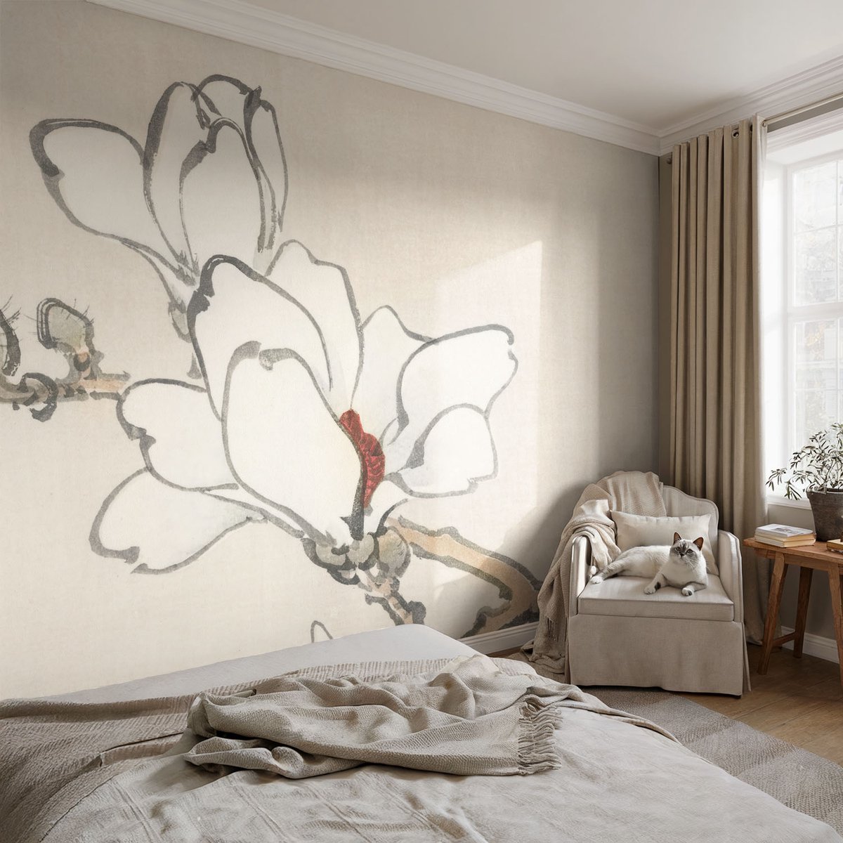 Coloray Vliesbehang - Wit Snellijm Behang - 104x70 cm - Delicate Magnolia'S Muurschildering - Gang behang Bloemen En Planten - Fotobehang Vlies - Gang behang