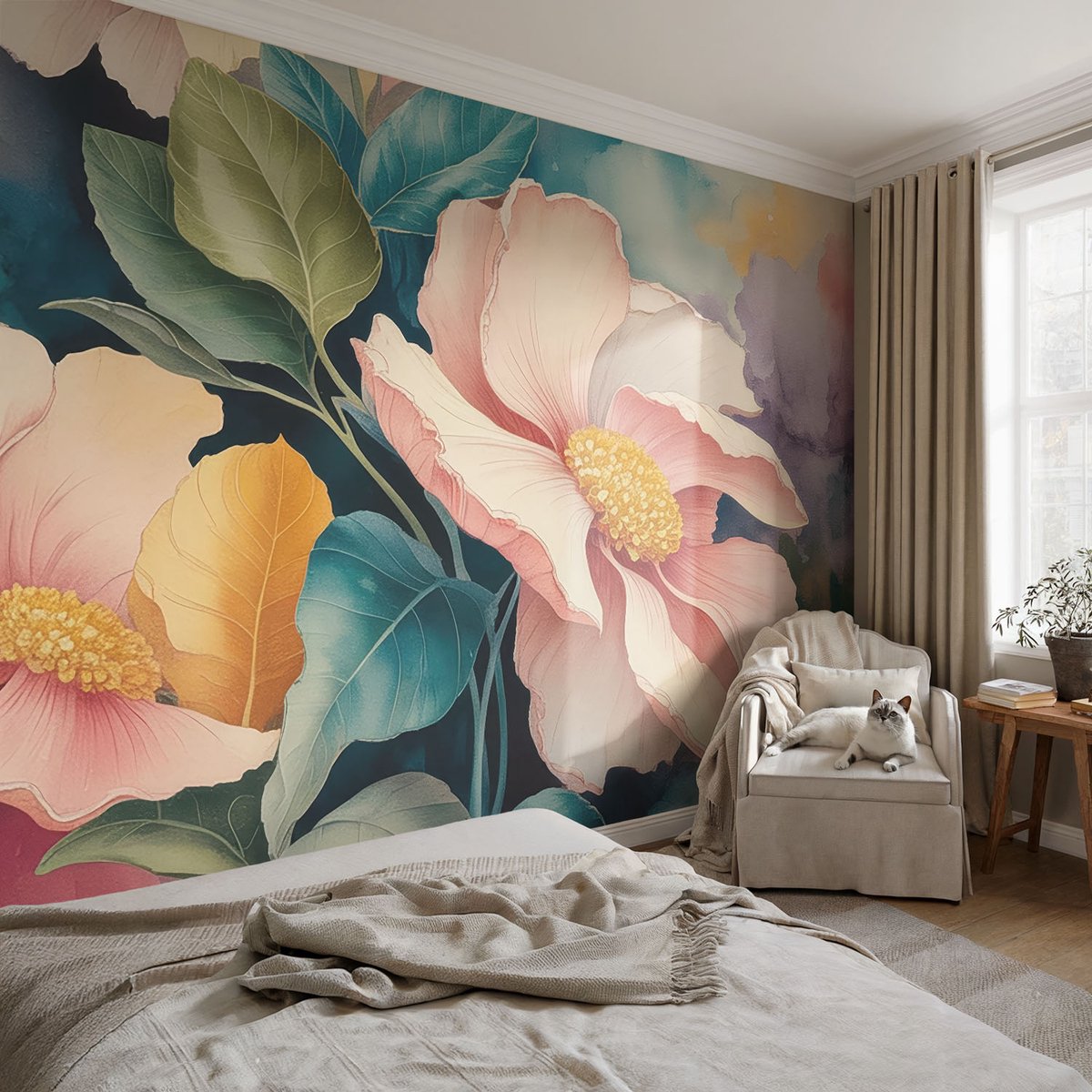 Coloray Vliesbehang - Roze Snellijm Behang - 104x70 cm - Bloemige Elegantie Muurschildering - Slaapkamer behang Bloemen En Planten - Fotobehang Vlies - Gang behang