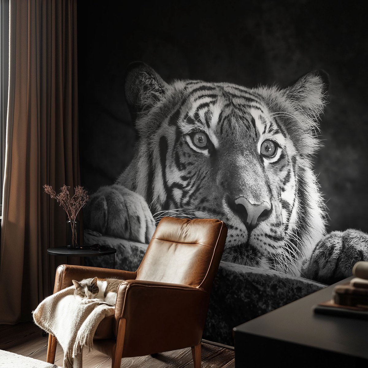 Coloray Vliesbehang - Zwart-Wit Snellijm Behang - 104x70 cm - Roofzuchtige Blik Fotobehang Vlies - Woonkamer behang Dieren - Muurschildering - Woonkamer behang