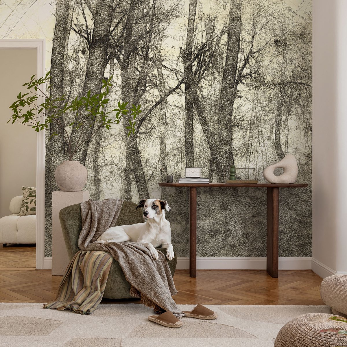 Coloray Vliesbehang - Zwart-Wit Snellijm Behang - 104x70 cm - Bosmelancholie Muurschildering - Gang behang Landschappen - Fotobehang Vlies - Slaapkamer behang