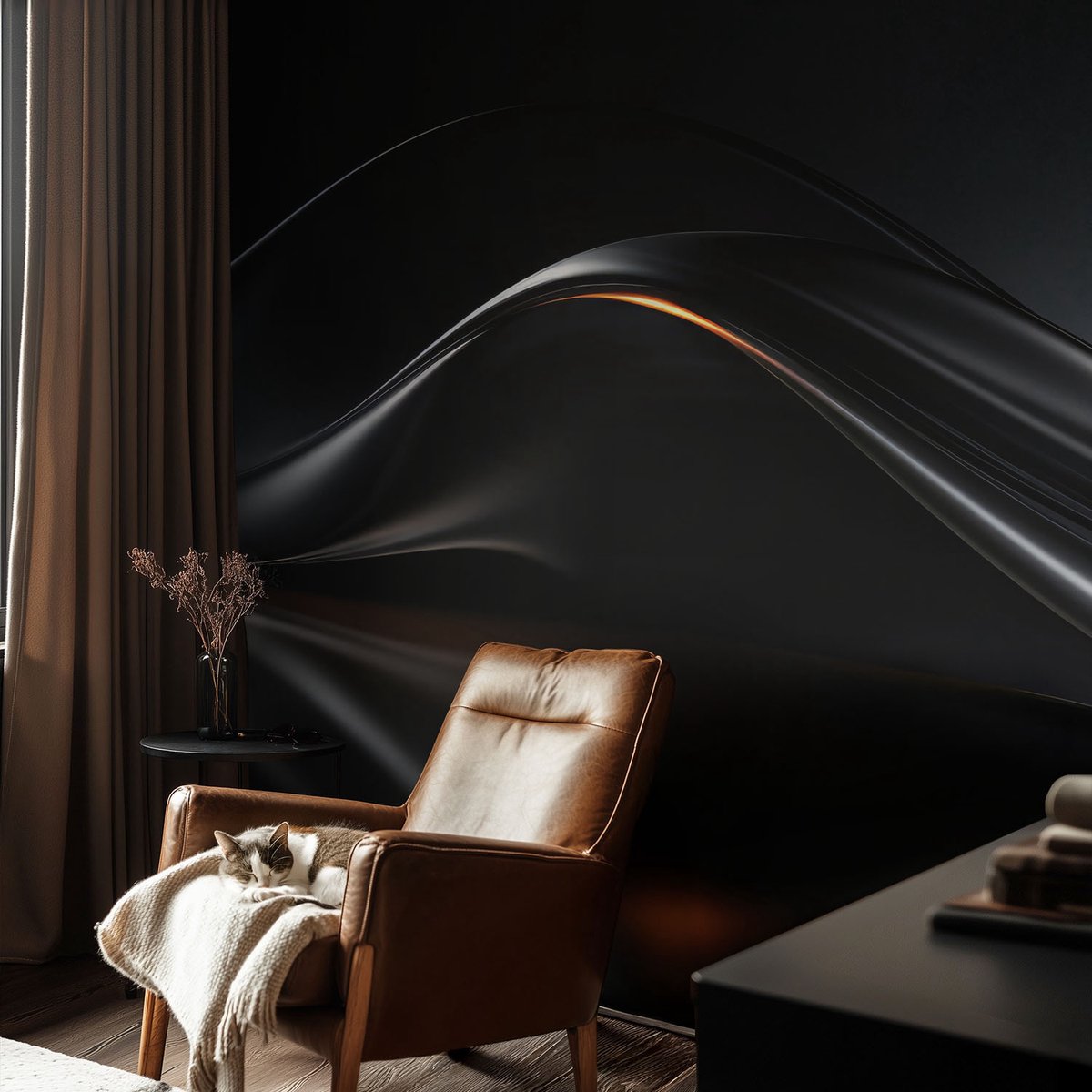 Coloray Vliesbehang - Zwart Snellijm Behang - 104x70 cm - Metaalachtige Golven Muurschildering - Slaapkamer behang Abstractie - Fotobehang Vlies - Slaapkamer behang