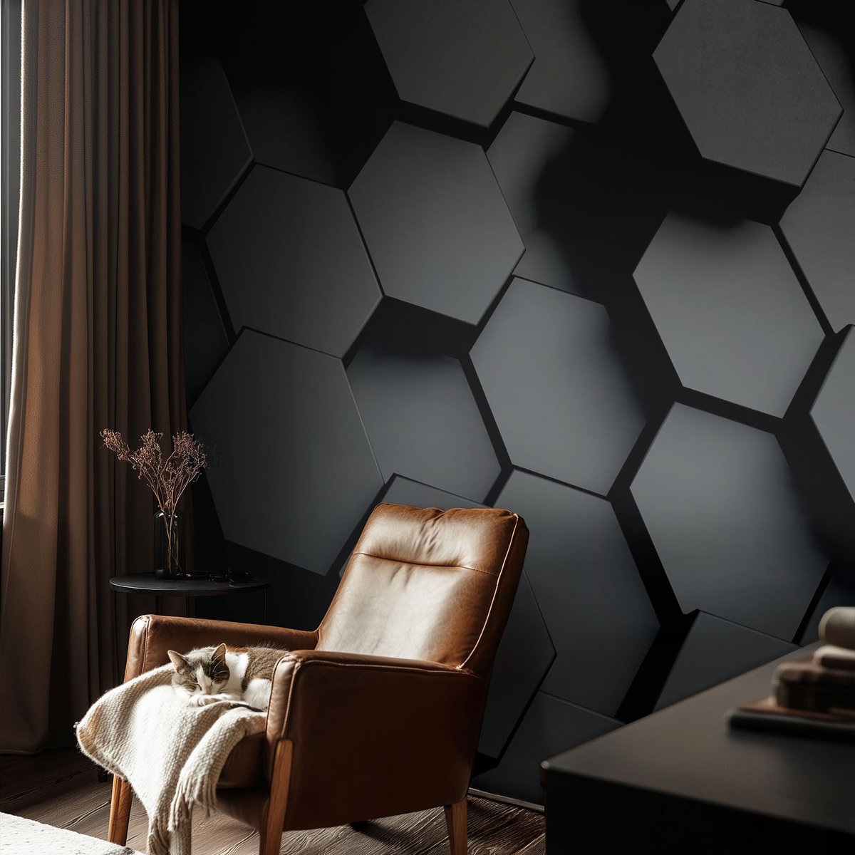 Coloray Vliesbehang - Zwart Snellijm Behang - 104x70 cm - 3D-Zeshoeken Muurschildering - Slaapkamer behang Geometrie - Fotobehang Vlies - Slaapkamer behang
