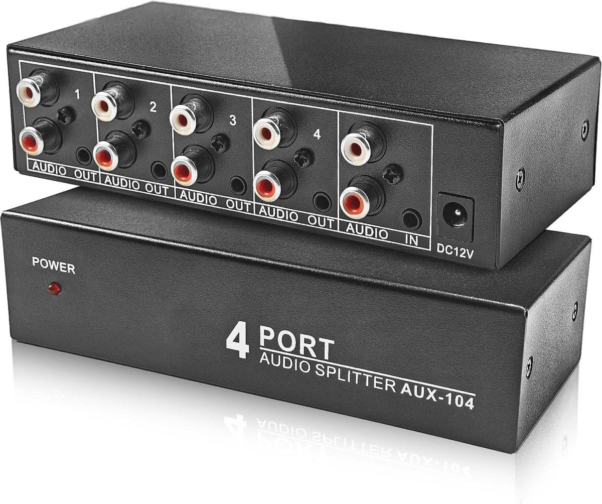 3,5 mm AUX + RCA L/R Audio Splitter 1 in 4 uit, BolAAzuL 4-weg stereo audiodistributiebox 4-kanaals stereo RCA-splitter 1x4 voor dvd-speler, spelconsole, hoofdtelefoon, luidspreker - met voeding