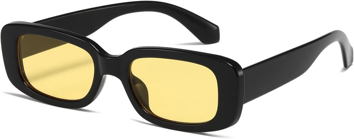 K1200 Rechthoekige zonnebril voor dames, heren, trendy, retro, modieuze bril uit de jaren 90, vintage, UV 400-bescherming, vierkant glazen, Zwart Frame Geel Lens
