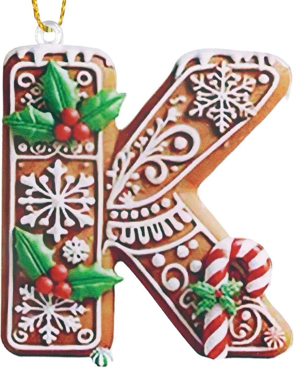 26 peperkoek-alfabetornamenten, gepersonaliseerde peperkoeken, letters K hangers voor kerstboom, kerstversiering met zuurstok en bessendecoratie, doe-het-zelf kerstboomdecoratie ornamenten
