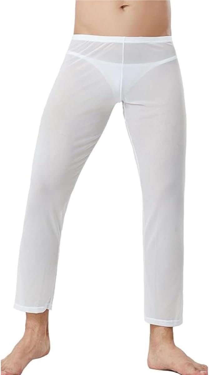 Mesh lange broek voor heren, pyjamabroek met lage taille, transparante lingerie, sexy nachtkleding, ademende transparante mesh panty