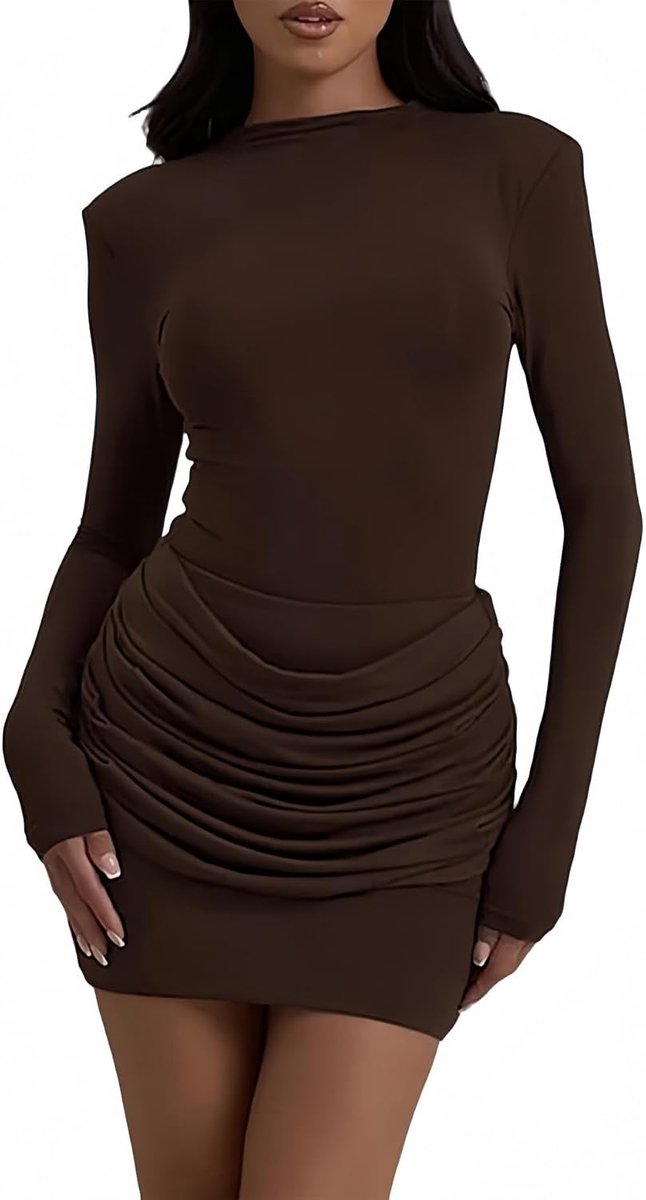 Jurk voor dames, lange mouwen, opstaande kraag, mini-jurk, elegante partyjurk, nauwsluitende jurk, kort met plooien, herfst/winter, vrijetijdsjurk, sexy bodycon-jurk voor avond, club