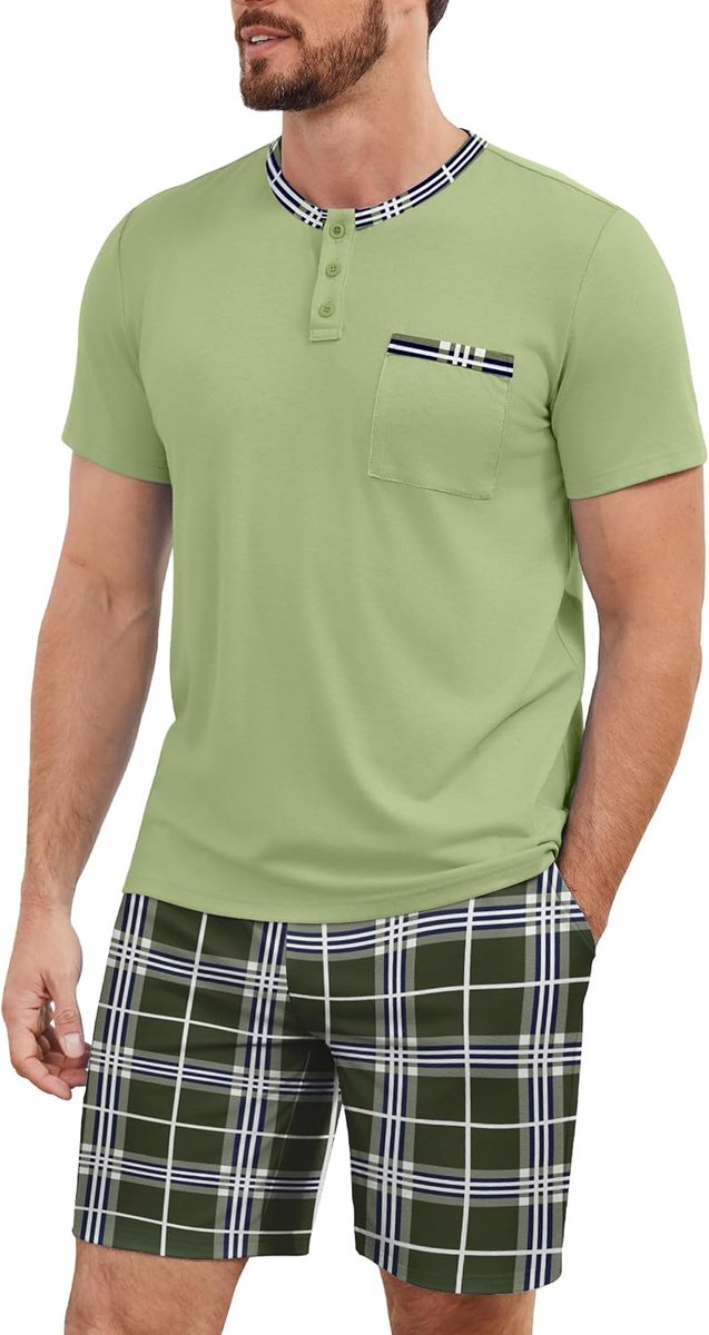 Pyjama voor heren, korte pyjama, katoen, tweedelige set, zomer, nachtkleding, korte mouwen, bovendeel en geruite pyjamabroek