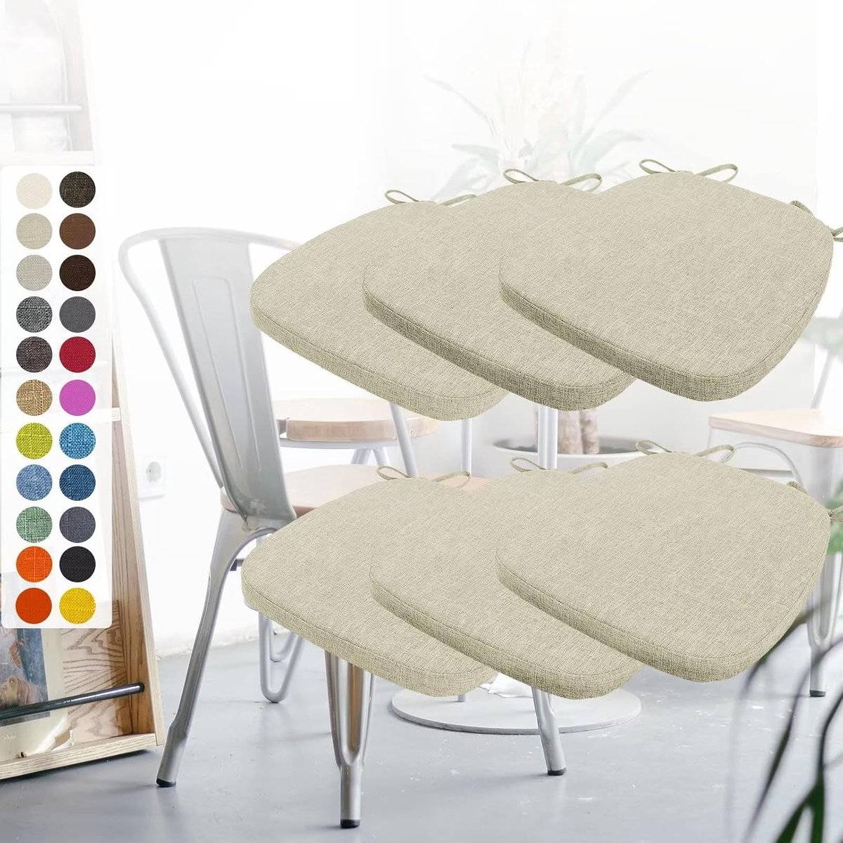Set van 6 stoelkussens, 40 x 38 x 3 cm, met banden, wasbaar zitkussen, antislip, afneembare overtrek met ritssluiting, ideaal voor thuis, kantoor, keuken, eetkamer, beige