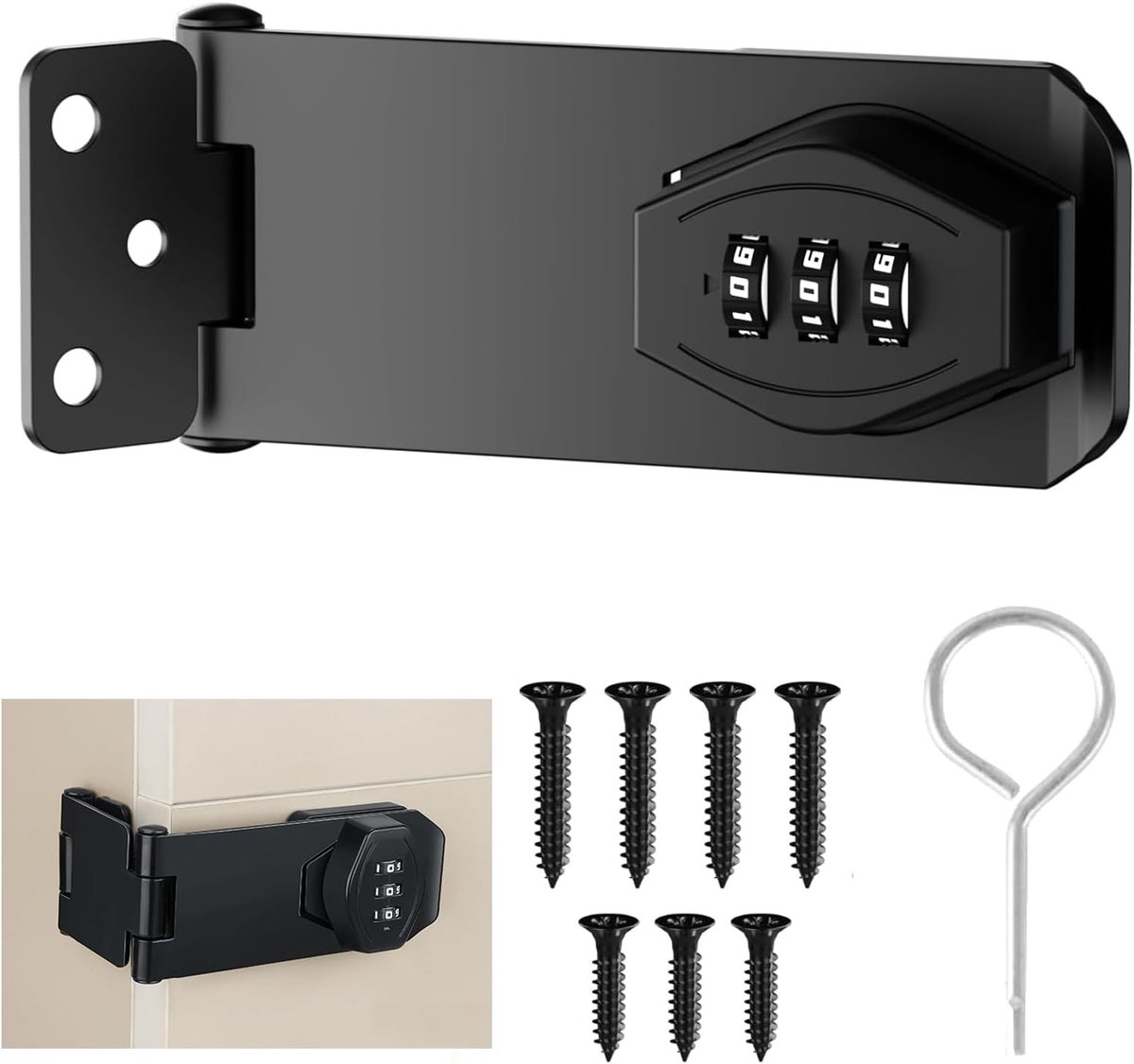 1 Handvol Zwarte Metalen Deurgrendel,Gloryit Cijferslot, Veiligheidsslot, 4 inch Kastslot, Robuust en Duurzaam,Eenvoudige Installatie,Voor Kleine Deuren,Kasten,Tuin, Badkamer.