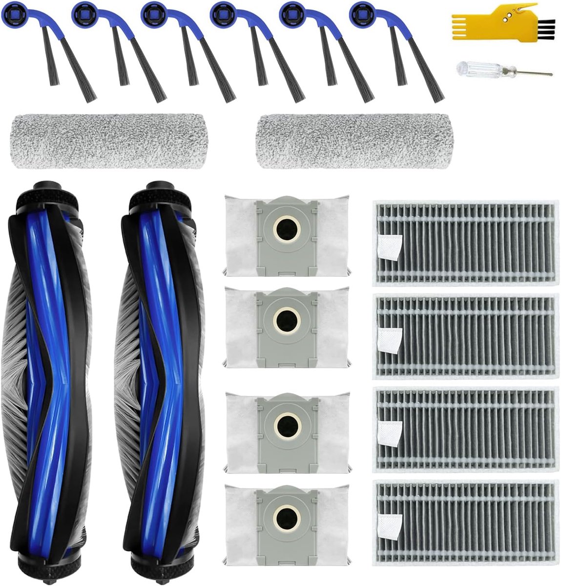 Reserveonderdelen voor Ecovacs Deebot T80 Omni / T80 robotstofzuiger kit accessoires, 18 verpakkingen 2 hoofdborstels, 4 filters, 6 zijborstels, 2 doeken, 4 zakken