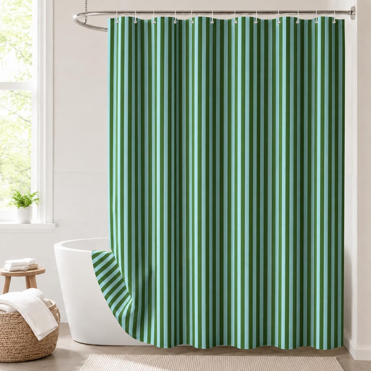 Groen en blauw gestreept douchegordijn, vintage groen blauw verticaal gestreept geometrisch waterdicht polyester stof badgordijn met 12 haken 198 x 183 cm