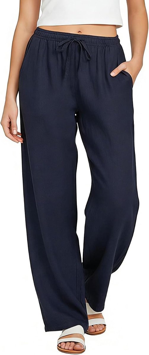 Zomerbroek voor dames, casual, katoenen linnen, hoge taille, elastisch, lange broek, comfortabel, licht, vloeiend, brede strandbroek met zakken