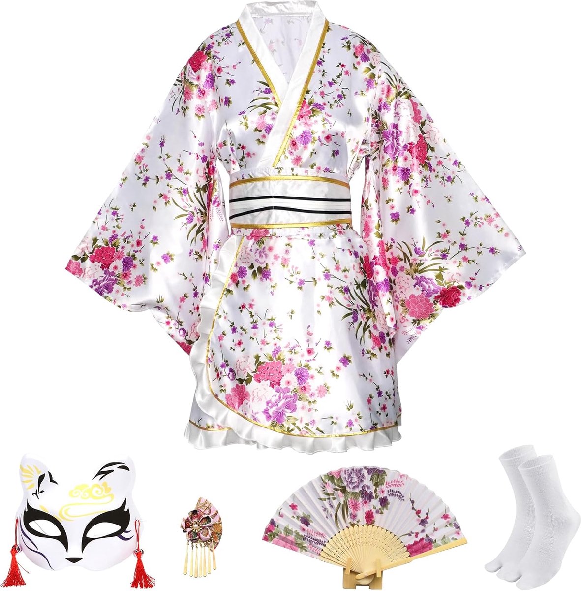 5 stuks korte kimono-badjas voor dames, traditionele Japanse sakura-print, kimono, Geisha Yukata jurk, cosplay-kostuumset met accessoires