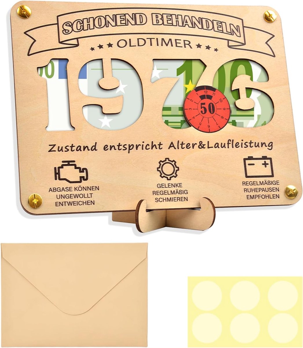 Geschenken voor 50e verjaardag man, grappige geldgeschenken hout met envelop, geldgeschenk 50e verjaardag man voorzichtig behandelen 1976 oldtimer, geldgeschenken verjaardag, mannen geschenken