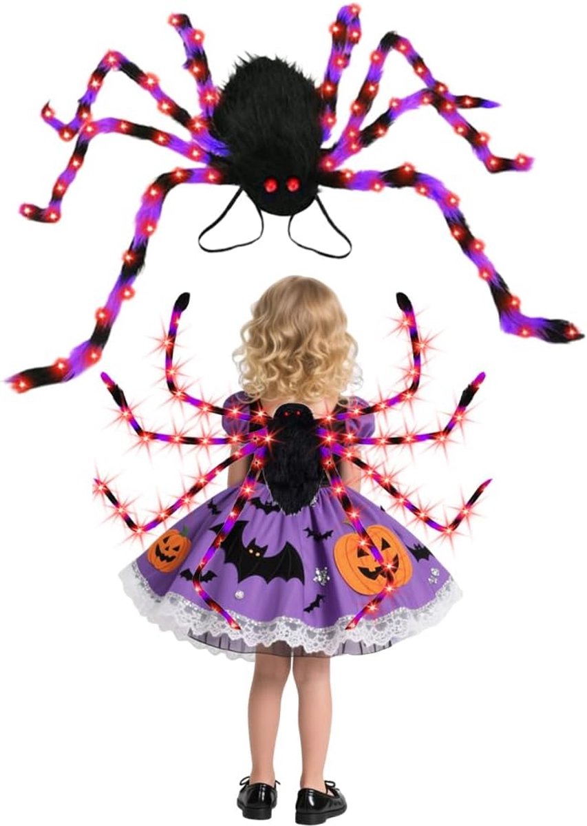 Spinnenkostuum voor kinderen, rugzak, Halloween-kostuum voor kinderen, spin met 8 lichtmodi, enorme Halloween-spinnen voor kinderen en volwassenen (90 cm)