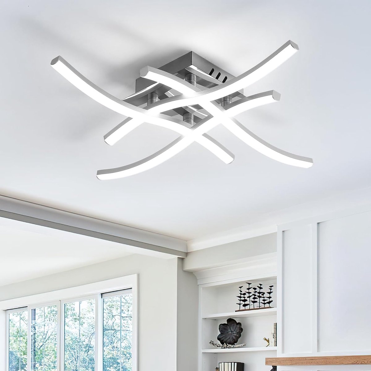 Moderne led-plafondlamp, 24 W, 2160 lm, led-kroonluchter voor slaapkamer, 6500 K koud wit, keukenkroonluchter, 4 plafondlampen, nep-golven, zilver, kroonluchter woonkamer, diameter 45 cm