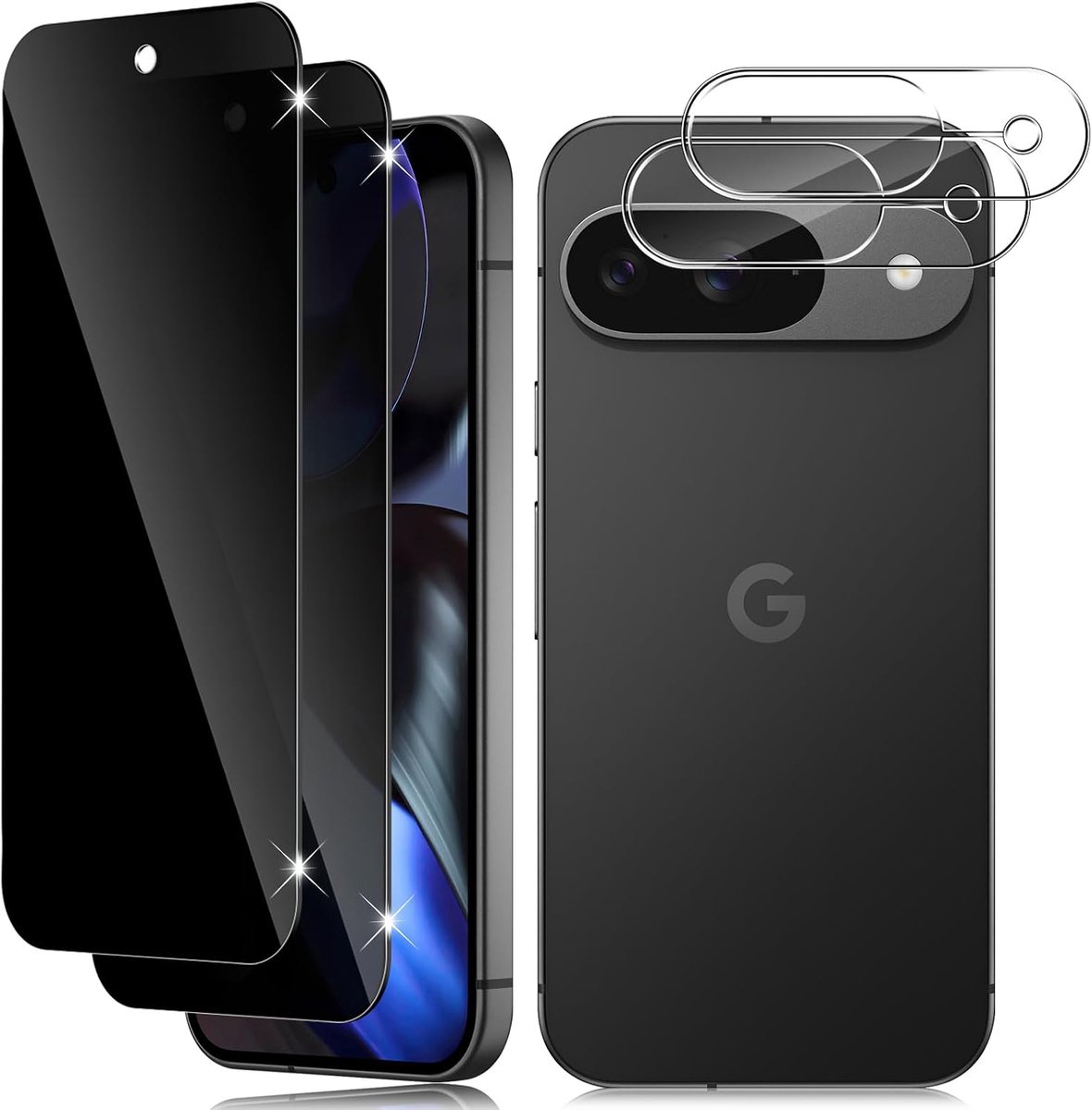 Inkijkbescherming voor Google Pixel 9, 2 + 2 stuks, anti-spy beschermfolie en camerabescherming, privacy-veiligheidsglas, hardheid 9H, krasbestendig, zonder luchtbellen
