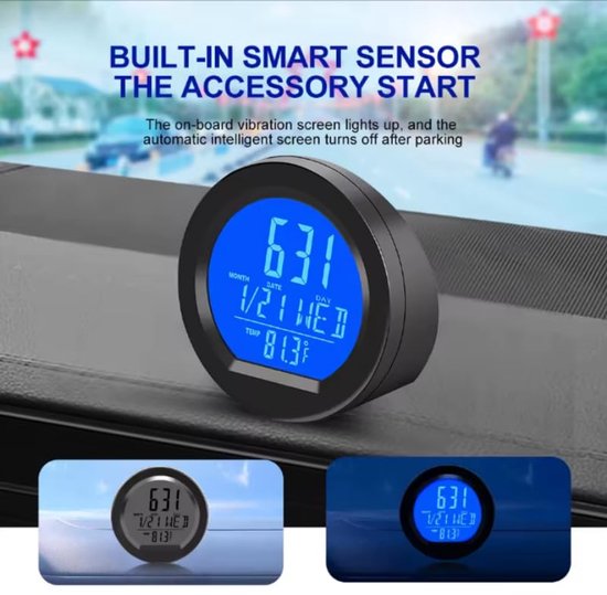 Autoklok, thermometer, digitale autotemperatuur, dashboardklok, zonne-energie auto, digitale klok, datum week, toepasselijk voor voertuigen, auto's, boten, kantoren, autoklok op zonne-energie — afbeelding 4