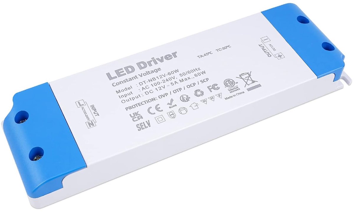 Transformator 12V 60W 5A, VARICART Mini Led Trafo Transformator 230V naar 12V DC Voeding Driver, Slim LED-transformator Laagspanningstransformator voor G4, GU4, GU5.3, MR16, MR11 Ledlamp