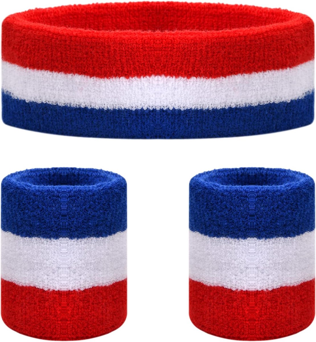 3-delige zweetbandset, zweetbandset, sporthaarband, voor pols, vocht, sweatshirt, hoofdband, zweetband, voor training in de sportschool en yoga (rood, wit, blauw)