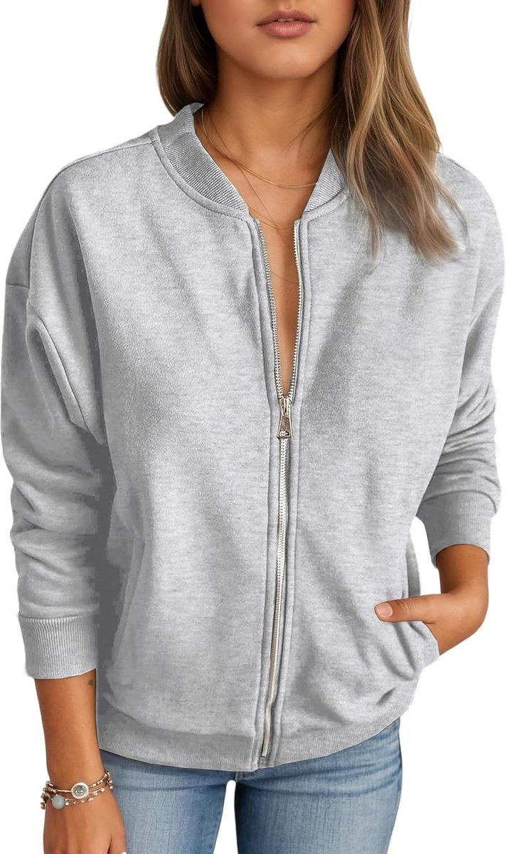 Sweatshirt met rits voor dames, casual sweatjack, overgangsjas, lente, herfst, blouson jas met college-kraag, outwear, effen bomberjack