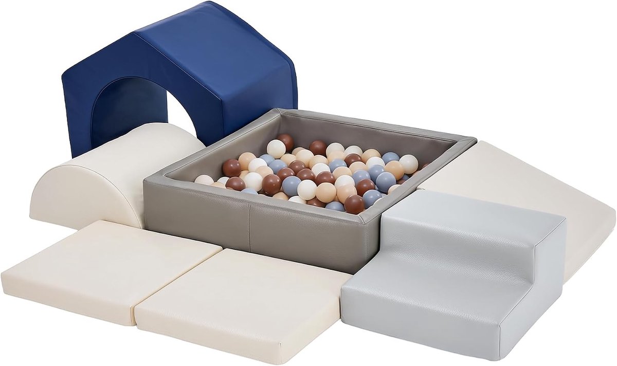 7-delig PU-leren zacht speelset voor peuters & baby’s, binnenshuis schuimklimspeelgoed met vierkant ballenbad (ballen niet inbegrepen), speelapparaat voor speelkamer