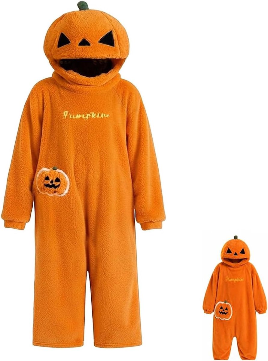 Onesie. Halloween zacht pompoenkostuum M:150-160cm, L:160-170cm, XL:165-175cm voor dames & heren, ademend, fleece-overall, unisex, ideaal voor carnaval & themafeesten.
