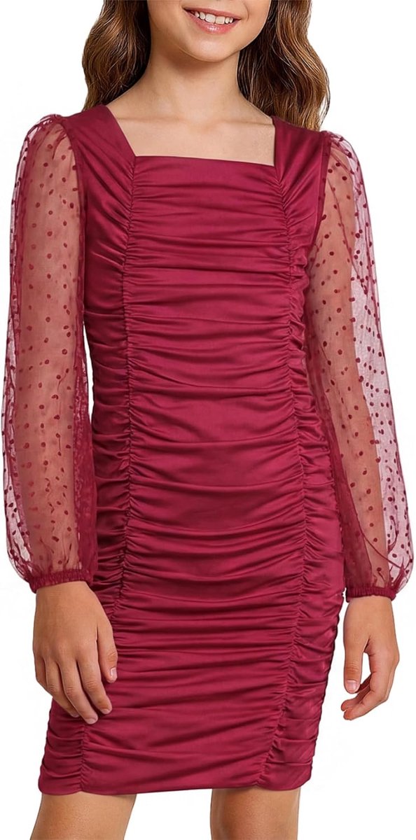 Bodycon jurk voor meisjes, tieners, satijn, lange mouwen, pofmouwen, vierkante kraag, elegante mini-jurk met ruches