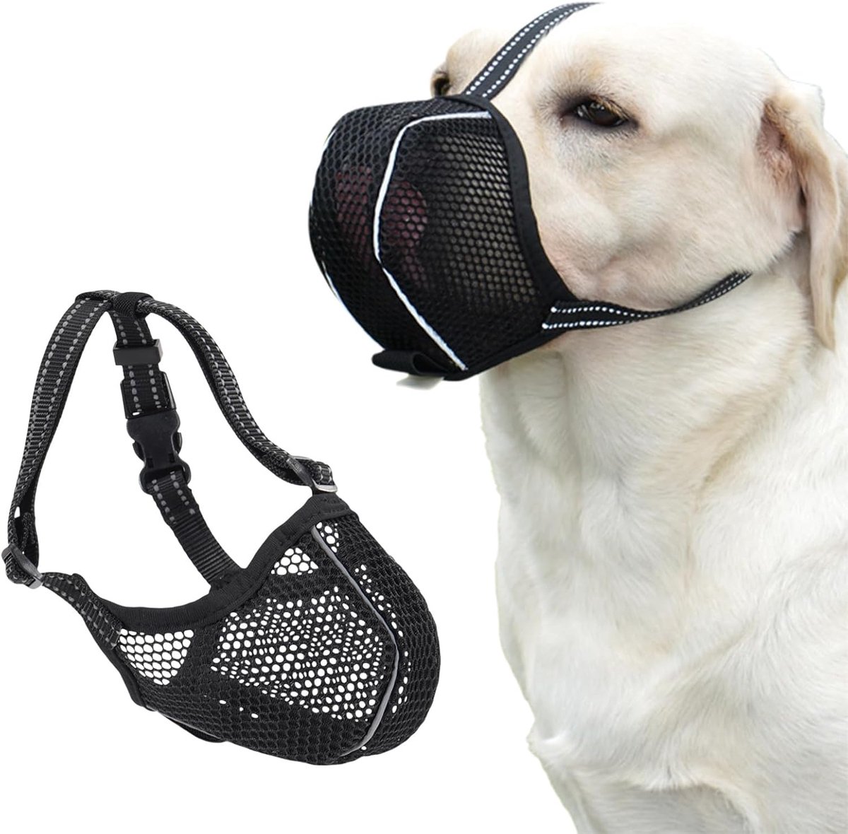 Muilkorf voor honden, eetbescherming voor honden, ademend mesh-design met reflecterende strepen, verstelbaar hondenmasker, voorkomt kauwen, eten en bijten, voor kleine rassen (zwart)