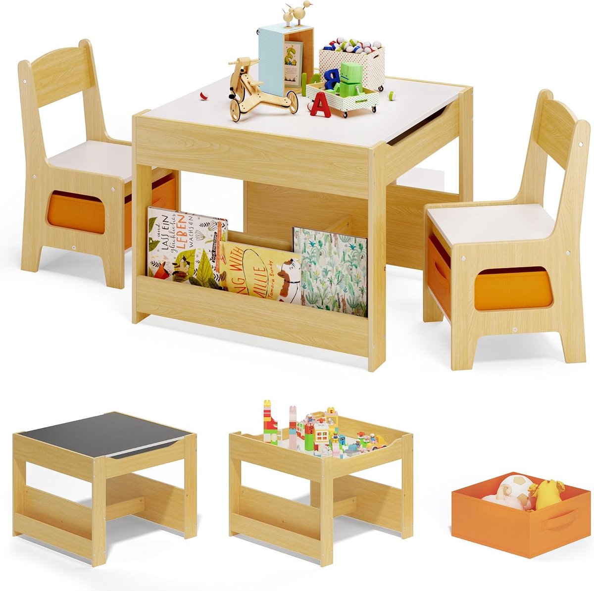 Kindertafel en stoelen, tafel met bord en 2 stoelen, kindertafel met omkeerfunctie, kindermeubelset, natuur.