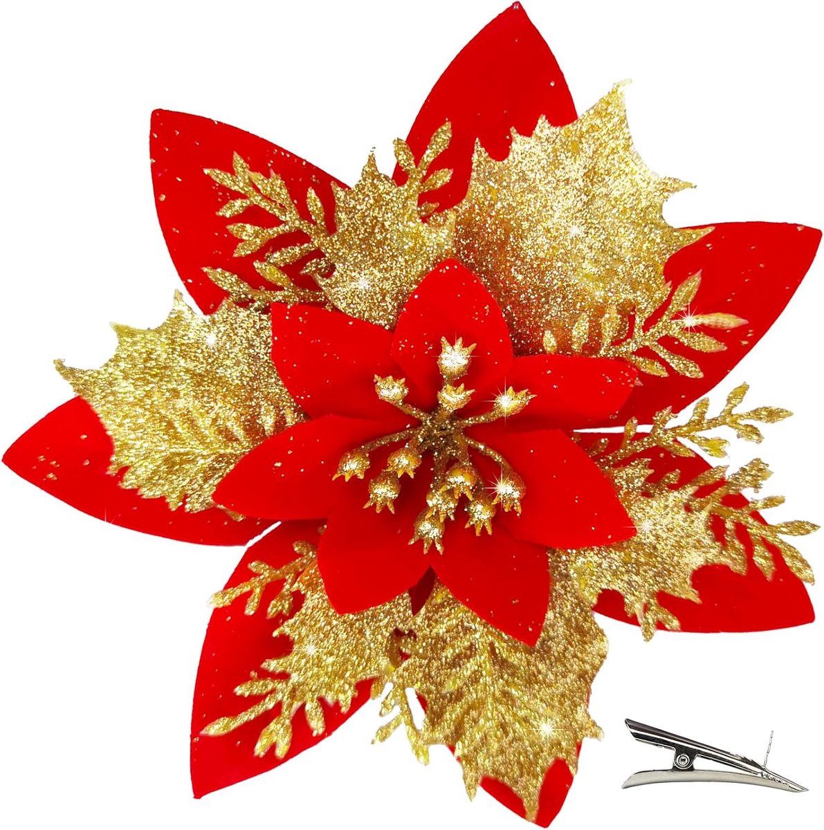 20 Stuks KerstBloemen Kunstmatige met Clip, Kerst Poinsettia Bloemen met Glitter Kerst Decoraties voor Kerstboom Garland Krans (Goud Rood)