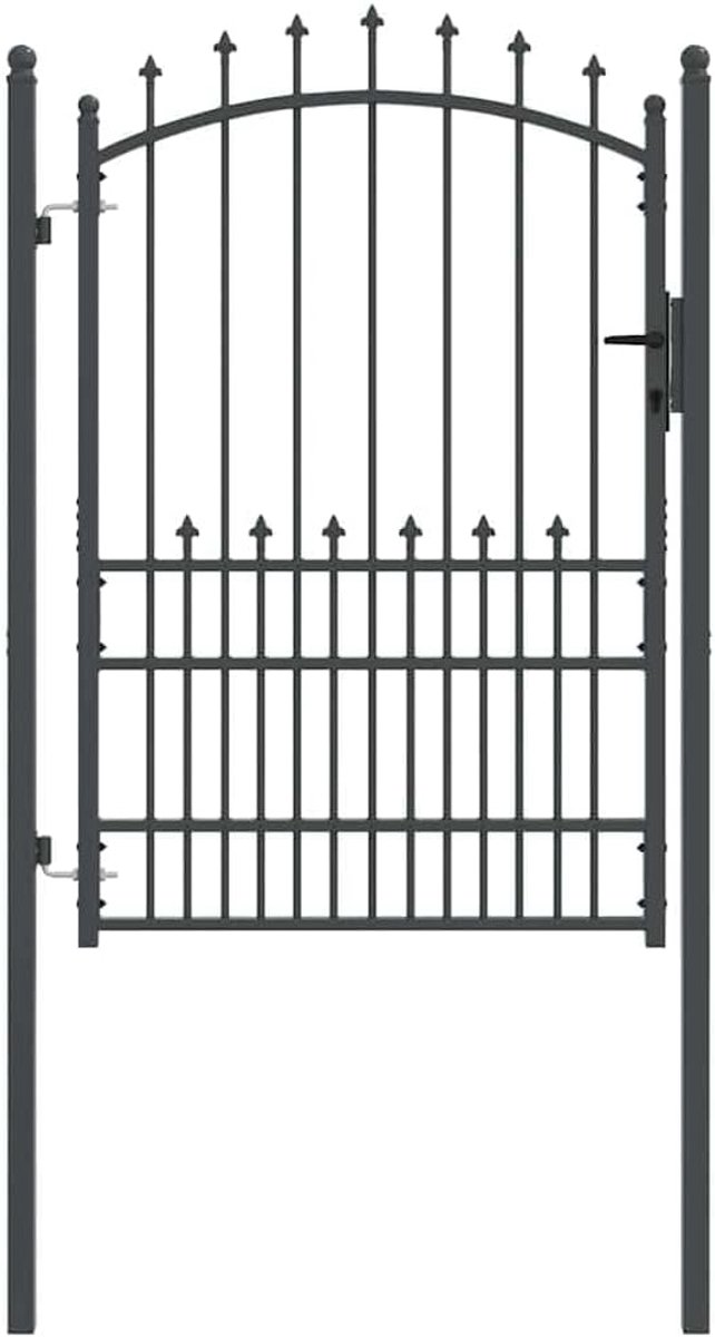 Hekpoort met punten, grijs, 170 x 100 cm, metalen hekpoort met grendelsloten en drie sleutels, gepoedercoat staal voor tuin of terras, inclusief twee palen
