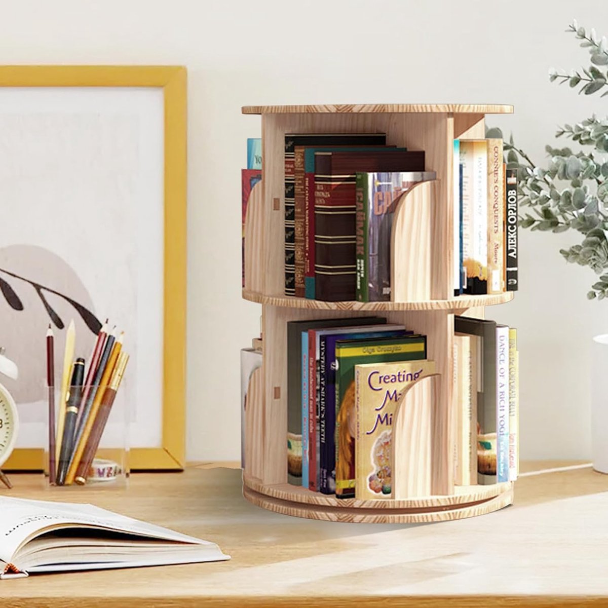 Hout, 360 graden draaibaar, hoekopslag, boekenkast, multifunctioneel staand rek voor kinderen en volwassenen, 39 x 67 cm, geschikt voor slaapkamer, werkkamer, kinderkamer